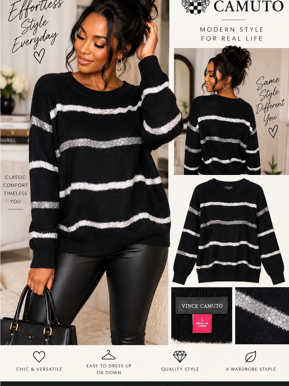 Vince Camuto Black Sweater with White and Silver Stripes size Large